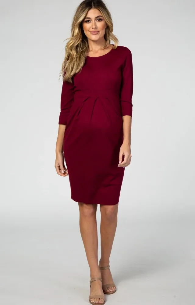 Burgundy Pleated Maternity Dress