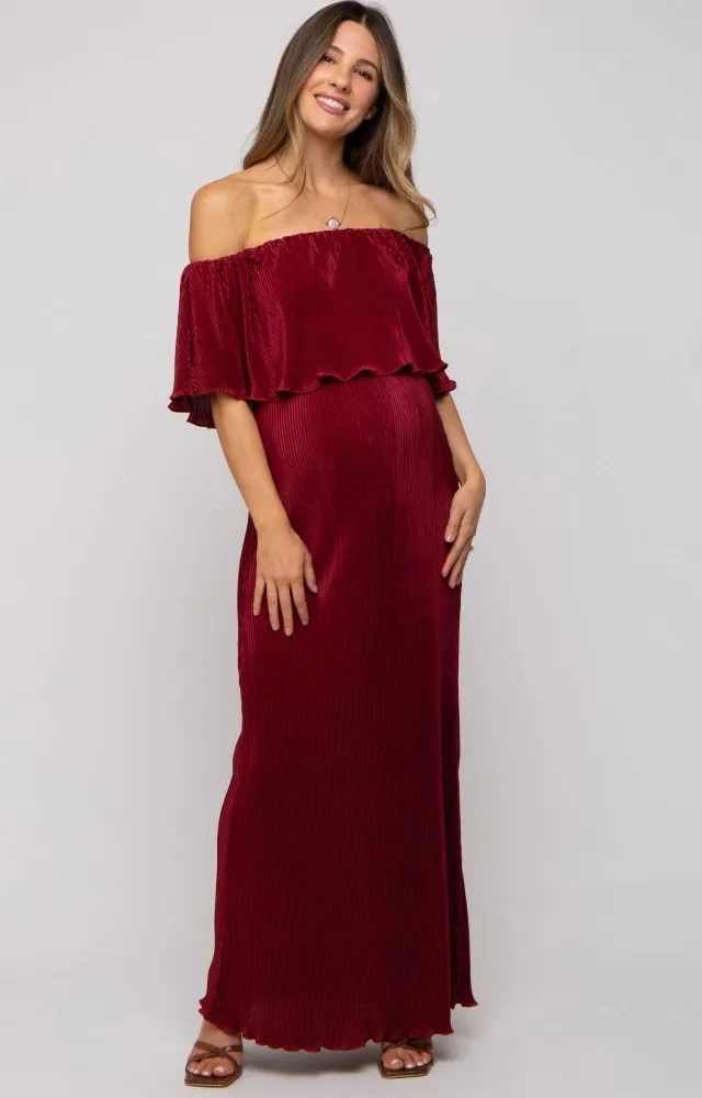 Burgundy Pleated Ruffle Off Shoulder Maternity Maxi Dress