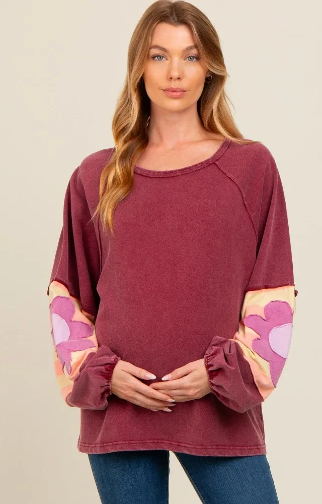 Burgundy Raw Edge Flower Patch Maternity Top