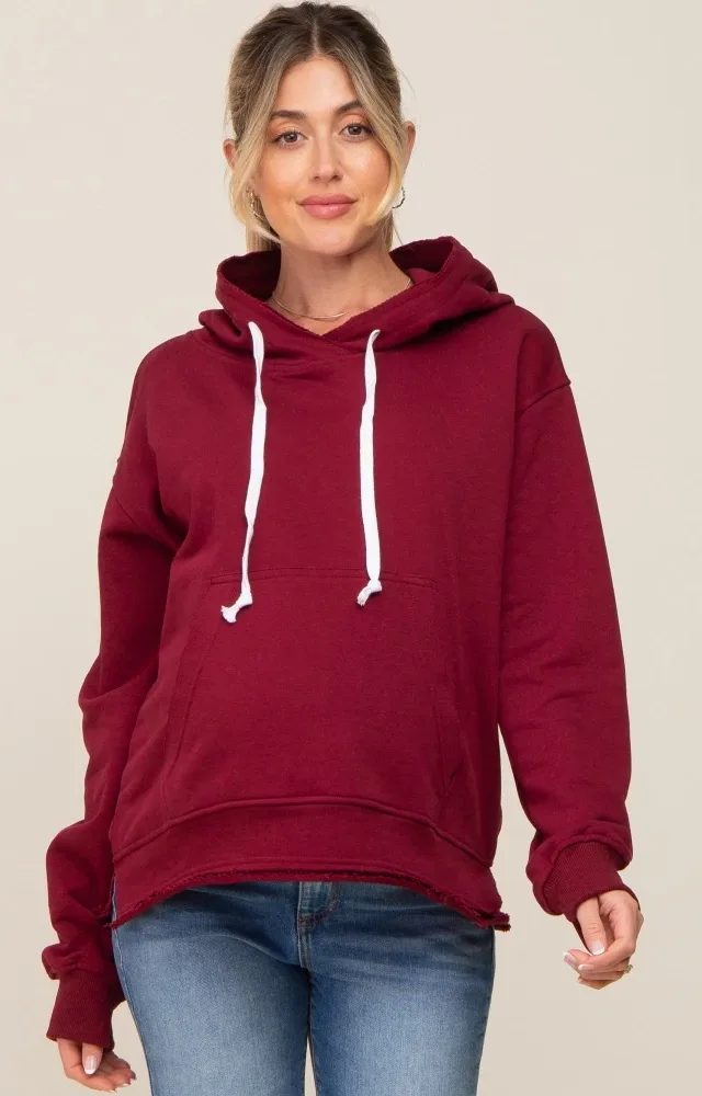 Burgundy Raw Edge Trim Maternity Drawstring Hoodie