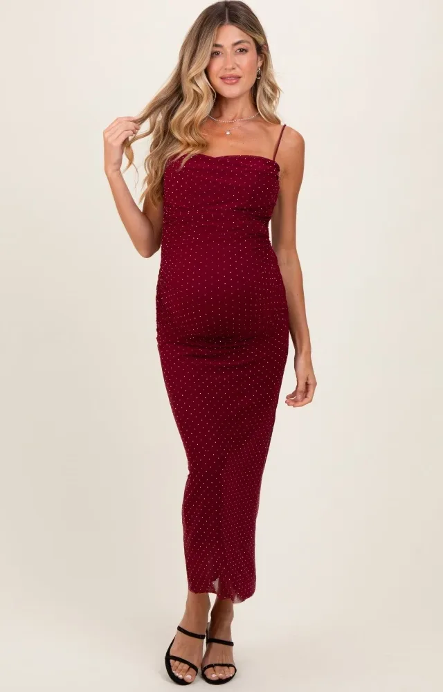 Burgundy Rhinestone Fitted Ruched Maternity Maxi Dress