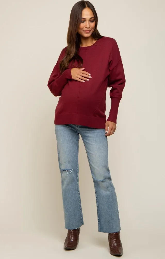 Burgundy Rib Knit Exposed Seam Maternity Sweater