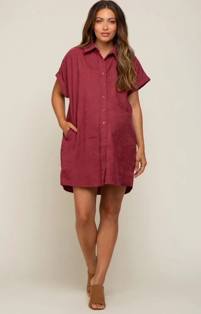 Burgundy Ribbed Button Down Maternity Mini Dress