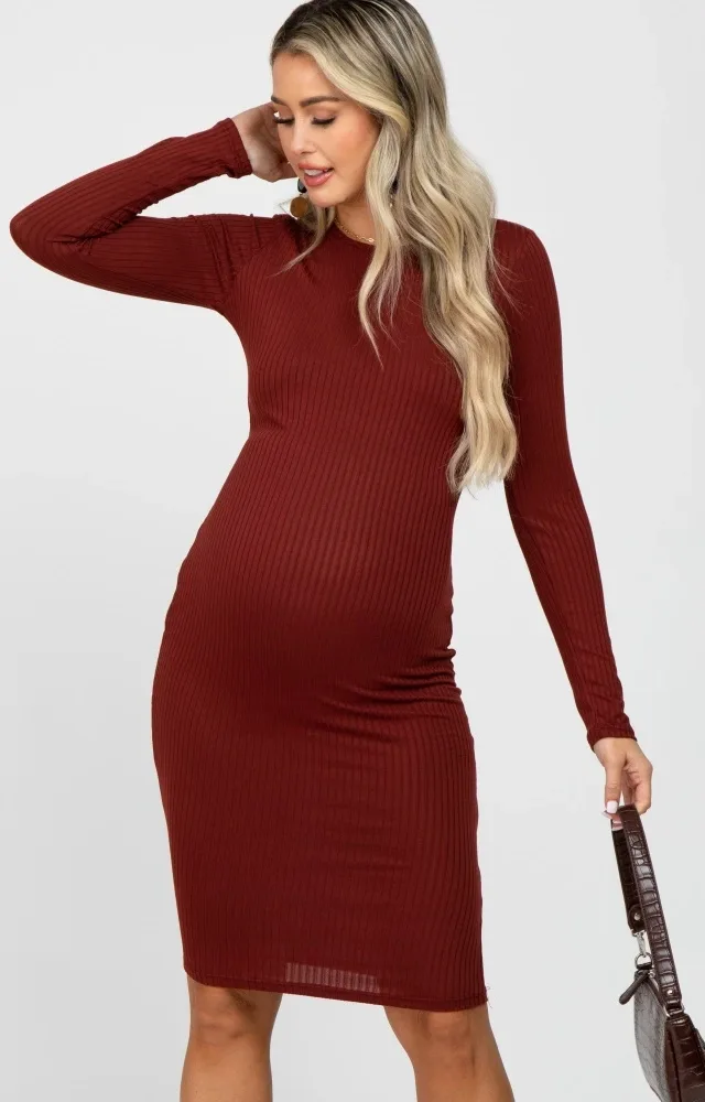 Burgundy Ribbed Fitted Long Sleeve Maternity Dress