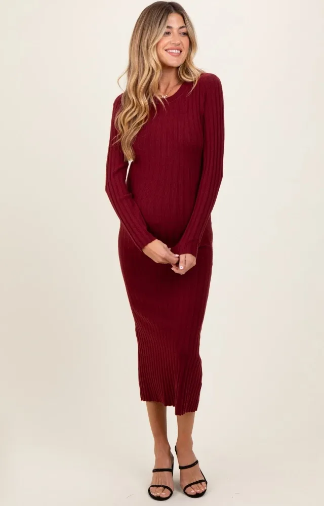 Burgundy Ribbed Knit Fitted Maternity Midi Sweater Dress