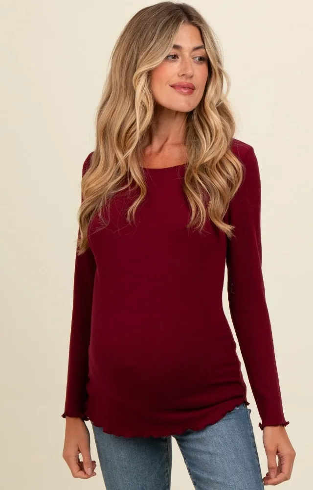 Burgundy Ribbed Knit Long Sleeve Lettuce Hem Maternity Top