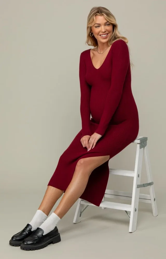 Burgundy Ribbed Knit Side Slit Maternity Midi Dress