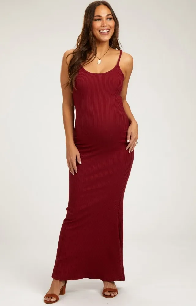 Burgundy Ribbed Maternity Maxi Dress