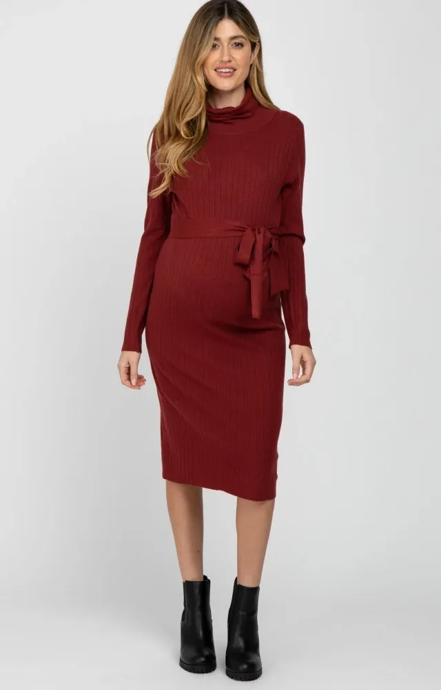 Burgundy Ribbed Turtleneck Maternity Sweater Dress