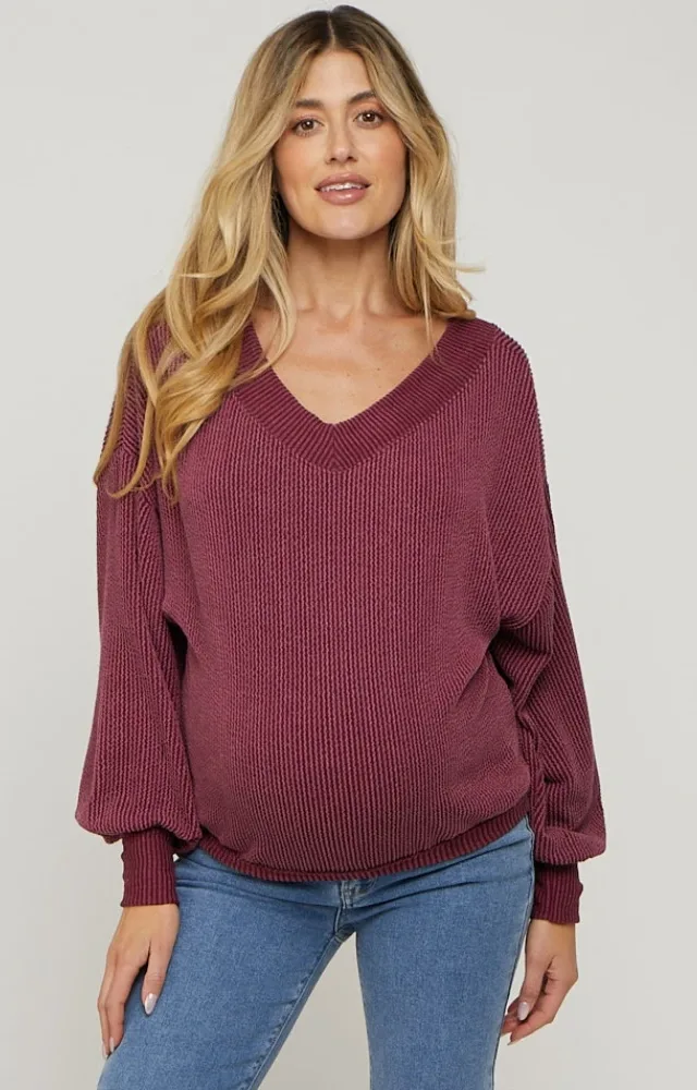 Burgundy Ribbed V-Neck Cropped Maternity Sweater