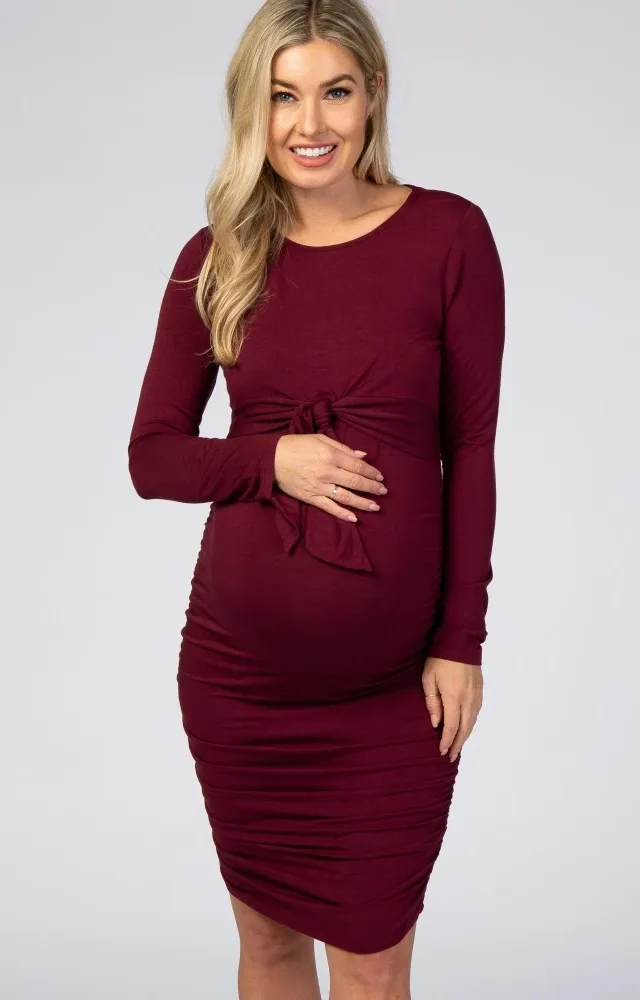 Burgundy Ruched Fitted Front Bow Maternity/Nursing Dress