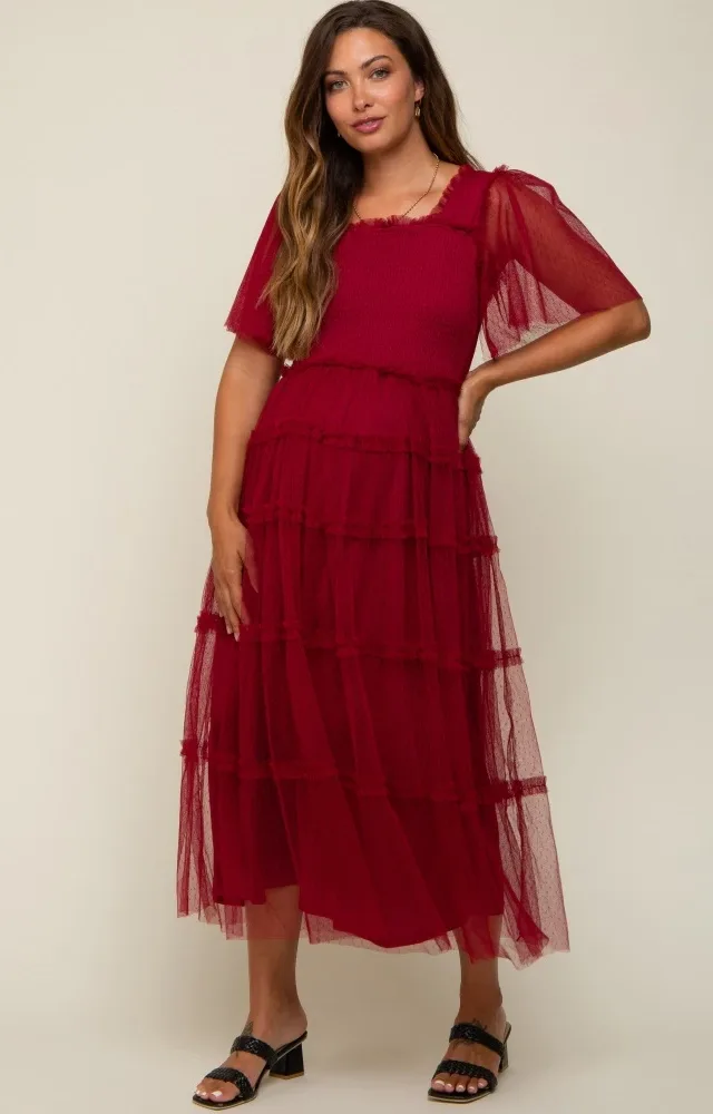 Burgundy Ruffled Mesh Maternity Maxi Dress