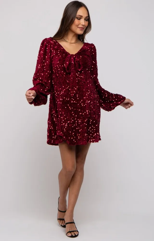 Burgundy Sequin Velour Front Tie Maternity Mini Dress