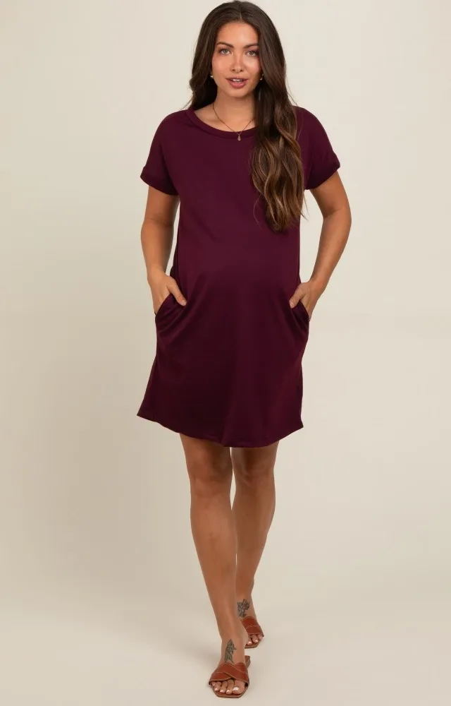 Burgundy Short Sleeve T-Shirt Maternity Dress