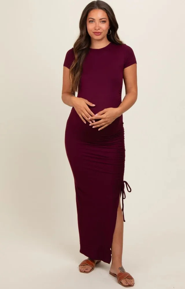 Burgundy Side Slit Maternity Maxi Dress