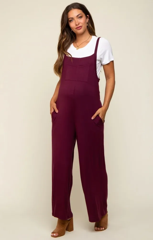 Burgundy Sleeveless Pocketed Wide Leg Maternity Jumpsuit