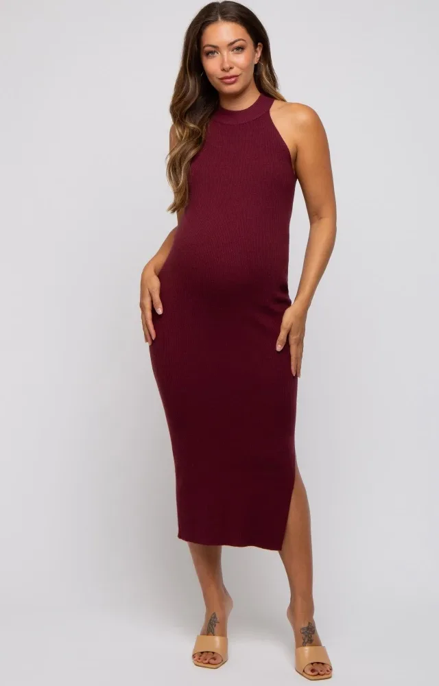 Burgundy Sleeveless Side Slit Maternity Midi Dress