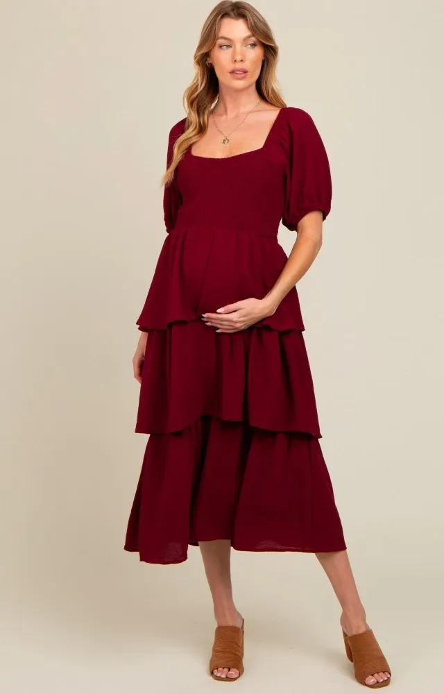 Burgundy Smocked Body Ruffled Tiered Maternity Midi Dress