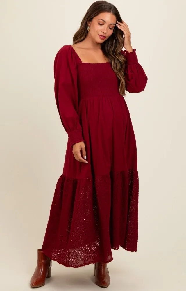 Burgundy Smocked Eyelet Lace Hem Maternity Maxi Dress