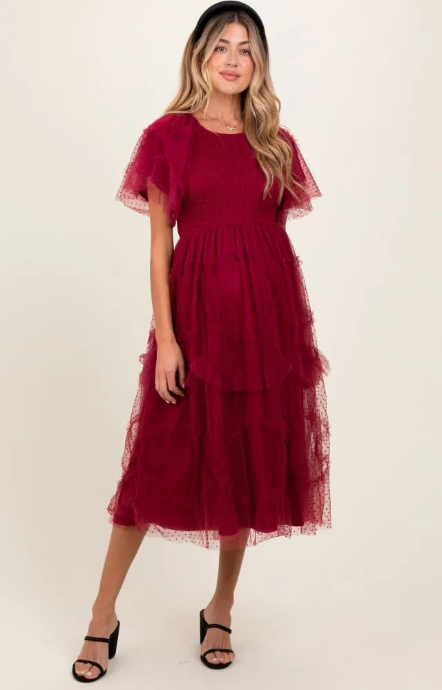 Burgundy Smocked Ruffled Mesh Maternity Midi Dress