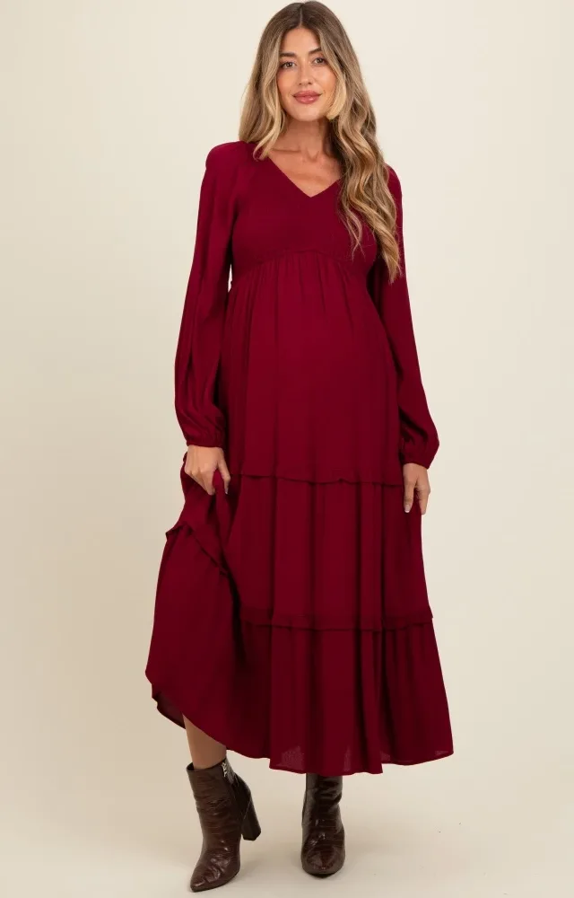 Burgundy Smocked Tiered Maternity Midi Dress