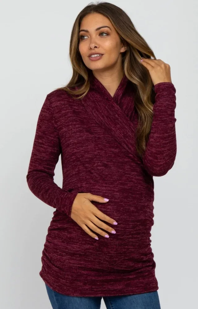 Burgundy Soft Draped Wrap Maternity/Nursing Top