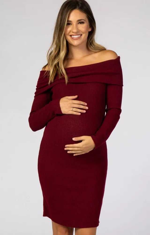 Burgundy Soft Ribbed Off Shoulder Maternity Dress