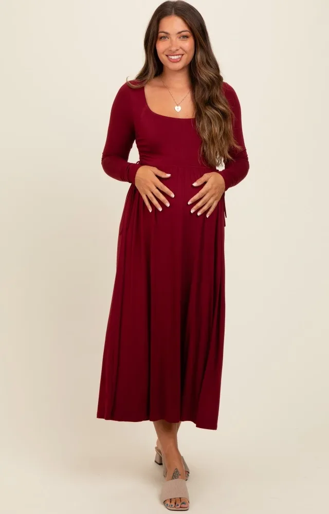 Burgundy Square Neck Long Sleeve Maternity Midi Dress