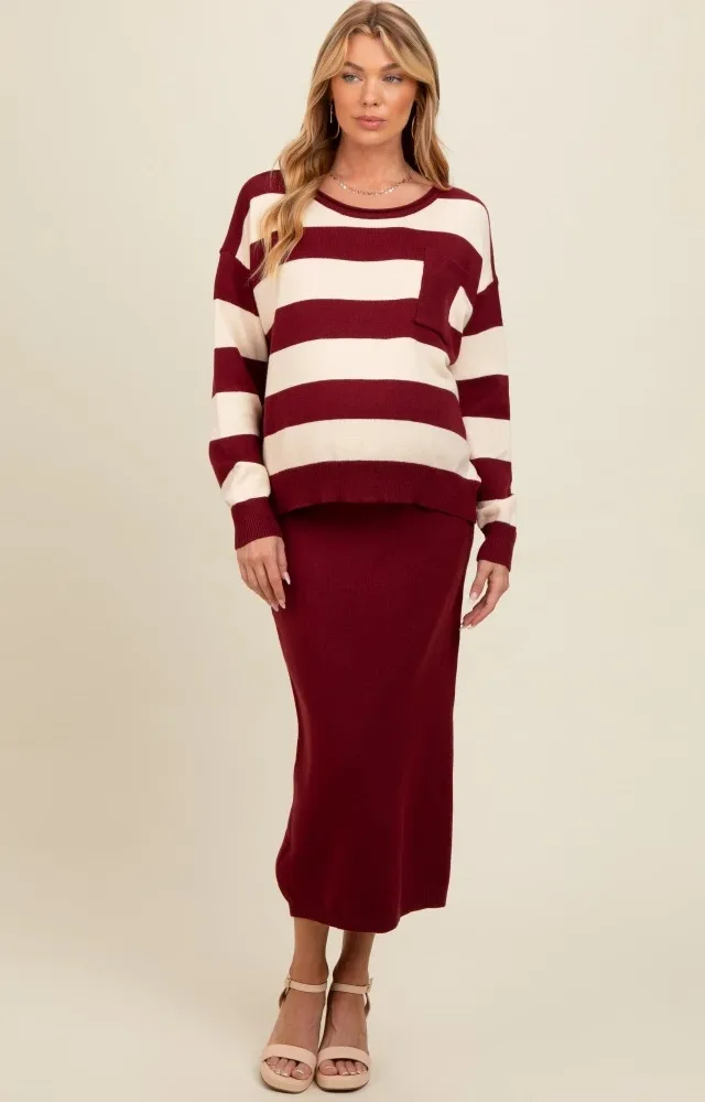 Burgundy Striped Sweater And Fitted Midi Skirt Maternity Set