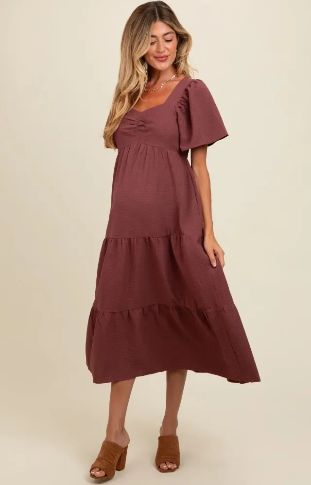 Burgundy Sweetheart Neck Short Puff Sleeve Tiered Maternity Midi Dress