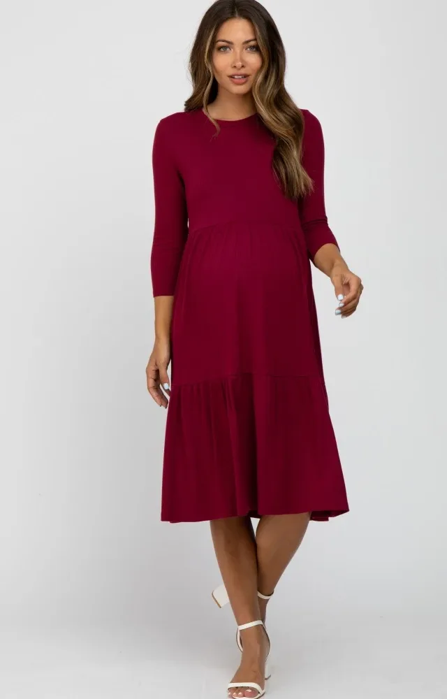 Burgundy Tiered Ribbed 3/4 Sleeve Maternity Midi Dress