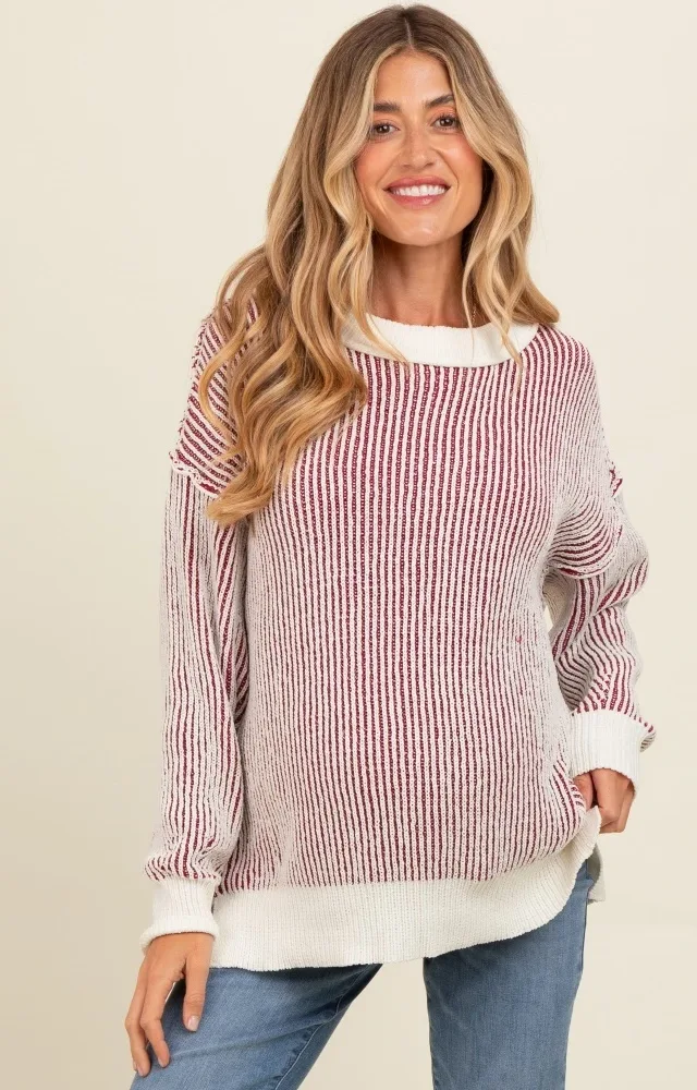 Burgundy Two Tone Ribbed Knit Maternity Sweater