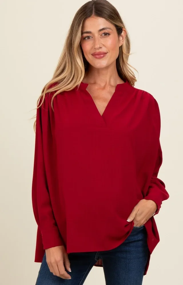 Burgundy V-Neck Maternity Oversized Blouse