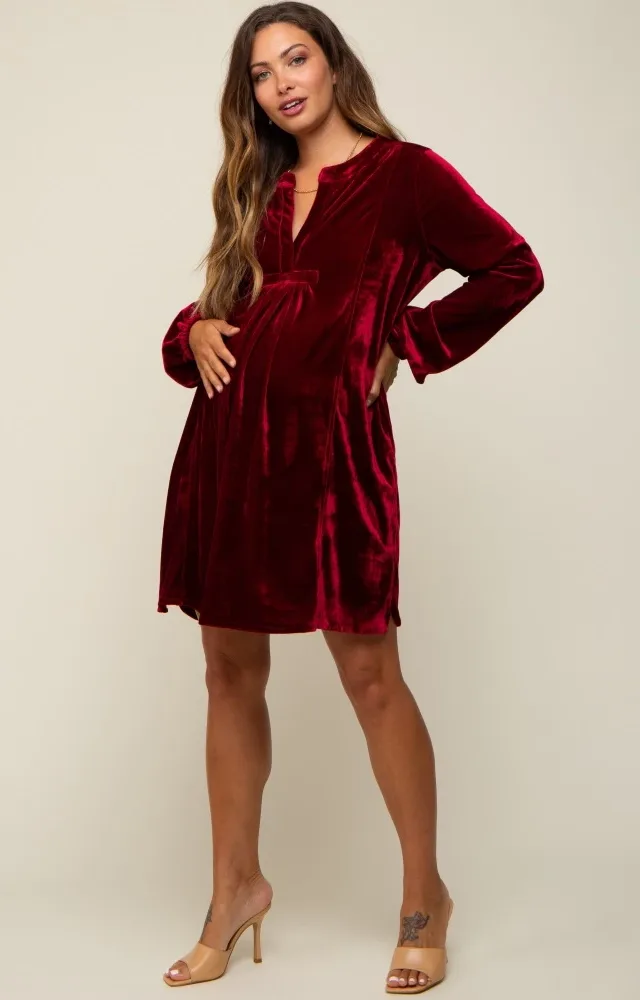 Burgundy V-Neck Velvet Maternity Dress