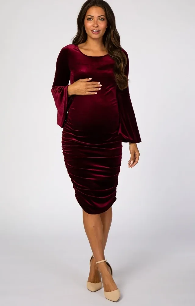 Burgundy Velvet Bell Sleeve Maternity Dress