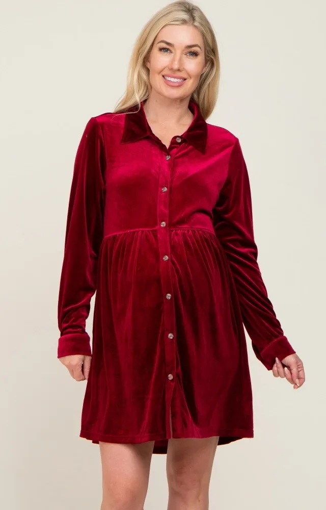 Burgundy Velvet Button Down Maternity Mini Dress