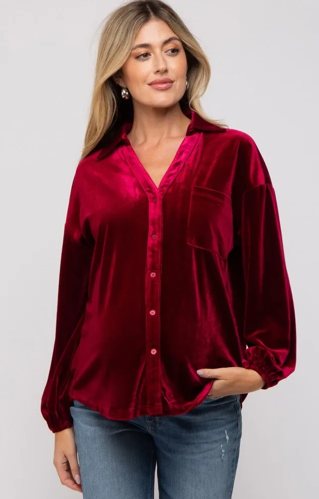 Burgundy Velvet Button Front Collared Maternity Blouse