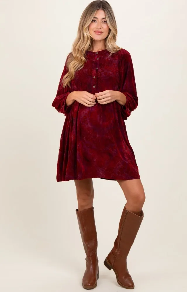 Burgundy Velvet Jacquard Button Up Maternity Dress