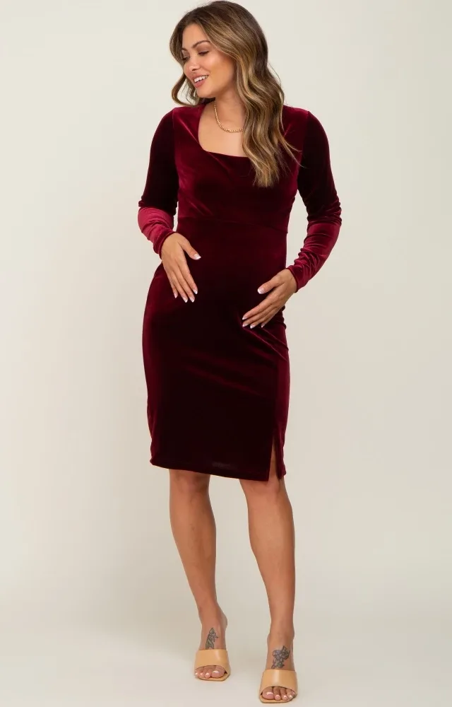 Burgundy Velvet Long Sleeve Side Slit Maternity Dress