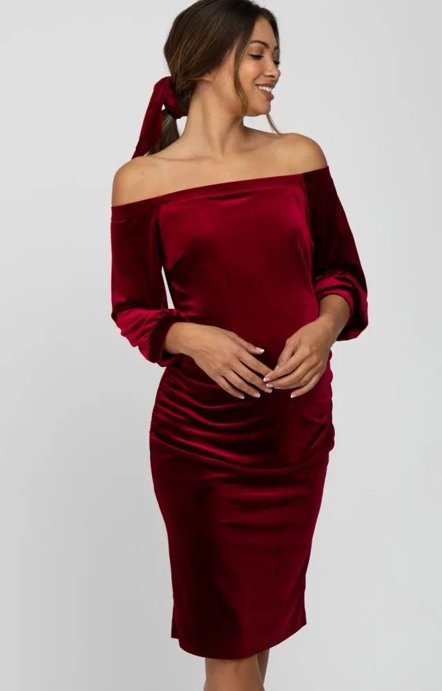 Burgundy Velvet Off Shoulder Maternity Dress