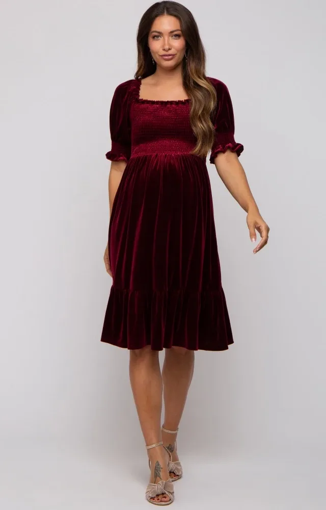 Burgundy Velvet Smocked Puff Sleeve Maternity Dress