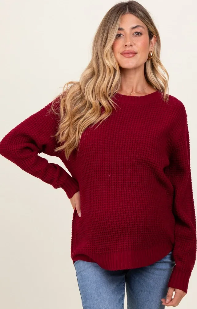 Burgundy Waffle Knit Rounded Hem Maternity Sweater