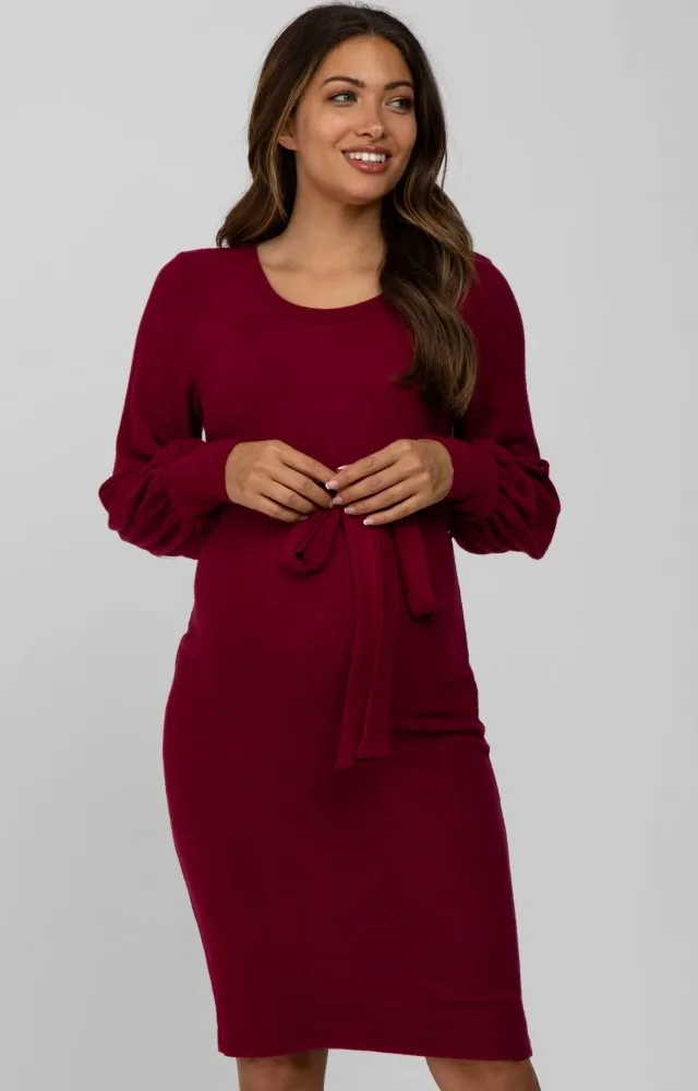 Burgundy Waist Tie Bubble Sleeve Maternity Dress