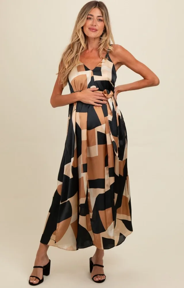 Camel Abstract Print Sash Tie Maternity Maxi Dress