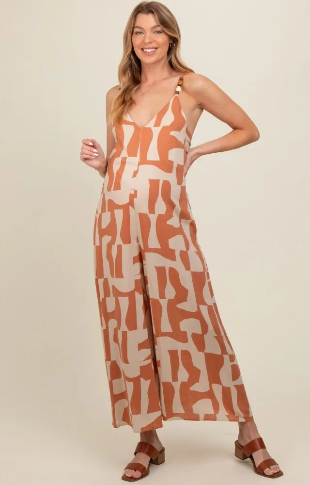 Camel Abstract Print Wide Leg Maternity Jumpsuit