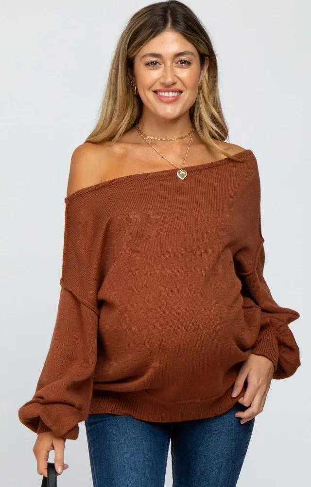 Camel Boat Neck Bubble Sleeve Maternity Sweater