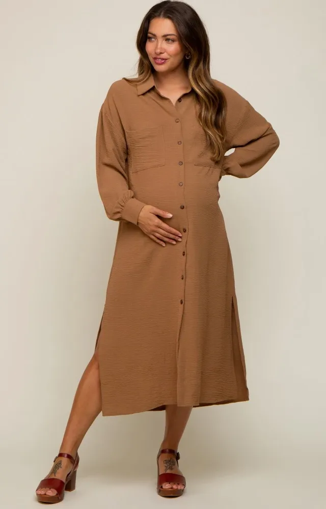 Camel Button Down Collared Maternity Maxi Dress