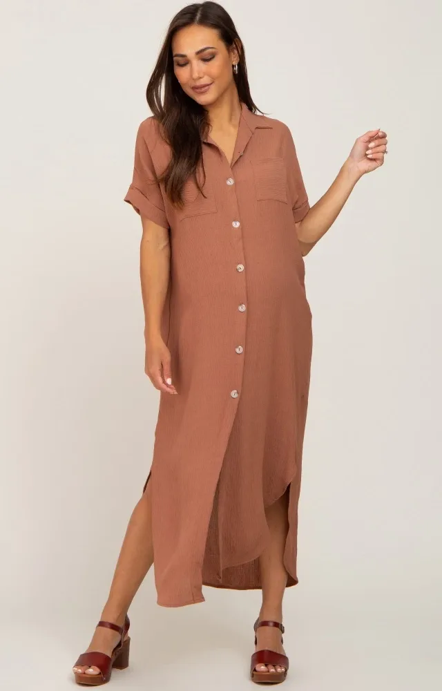 Camel Button Down Hi Low Maternity Maxi Dress