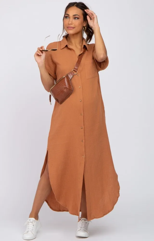 Camel Button Down Maternity Midi Dress