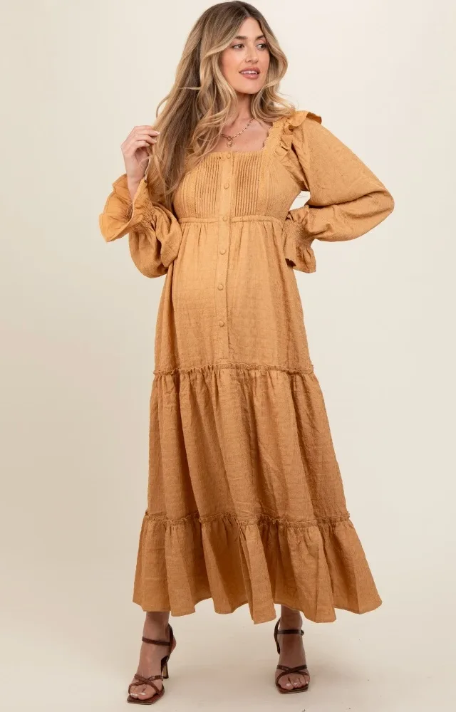 Camel Button Pleated Front Square Neck Ruffle Tiered Maternity Maxi Dress